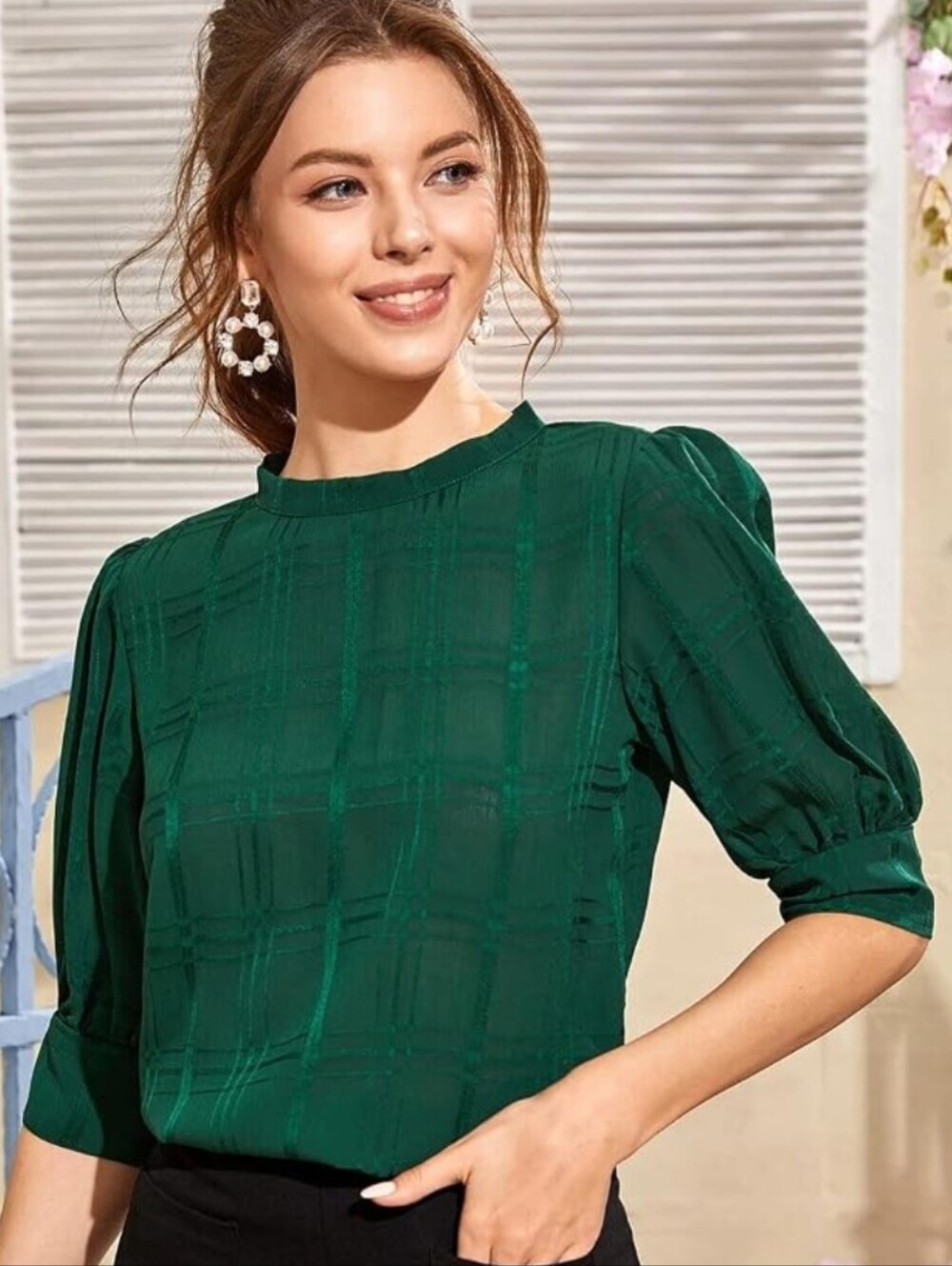 Women’s Emerald Green Puff-Sleeve Blouse